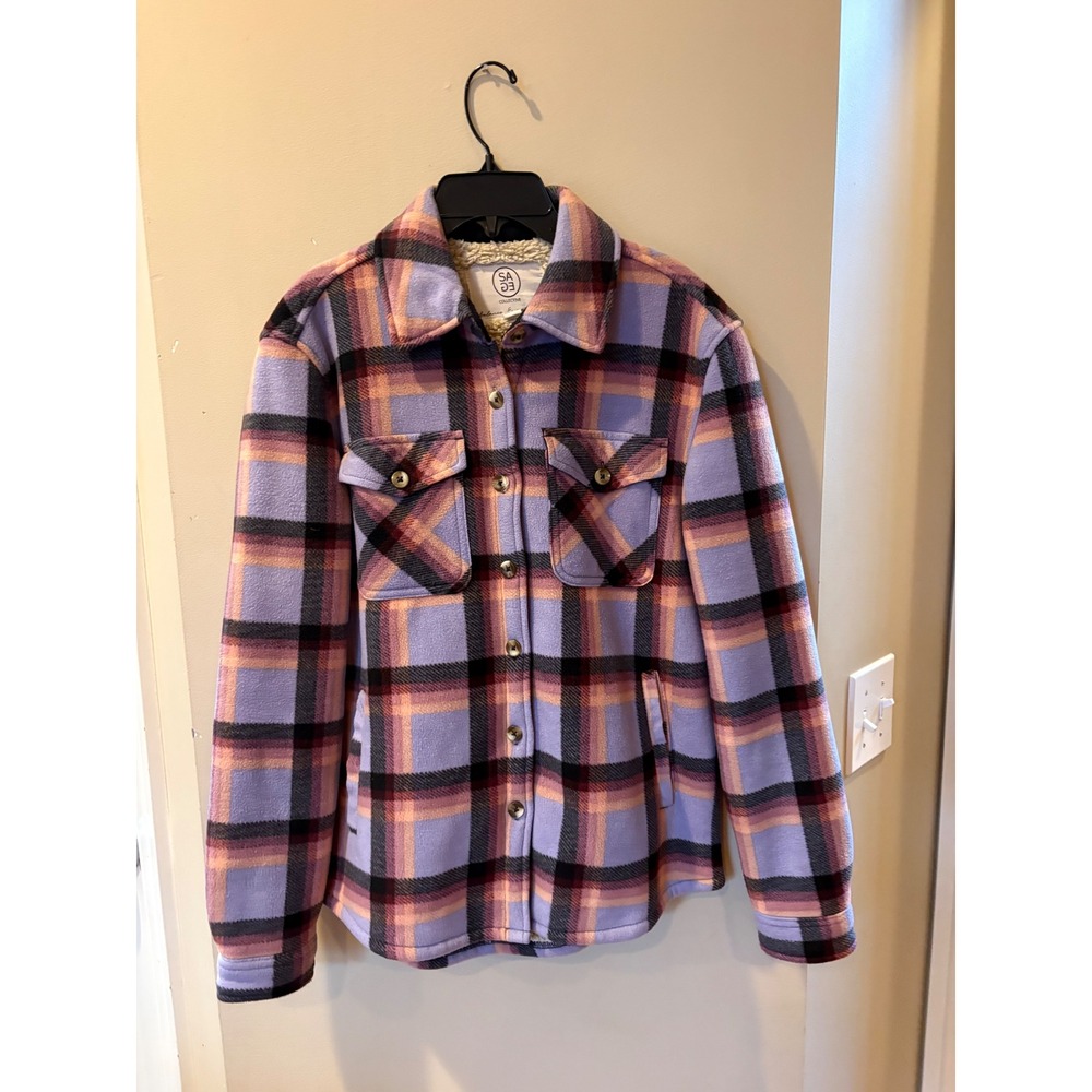 Sage‎ Collective Purple Plaid Sherpa Lined Fleece Shacket Jacket XS 1535379